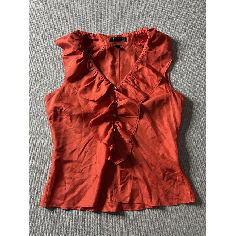 Ralph Lauren Women's Dark Orange Sleeveless Ruffled 100%‎ Silk Blouse Size 4